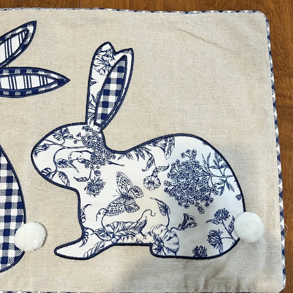 Blue White Bunny Table Runner Gingham Floral Easter Farmhouse Runner 47.5
